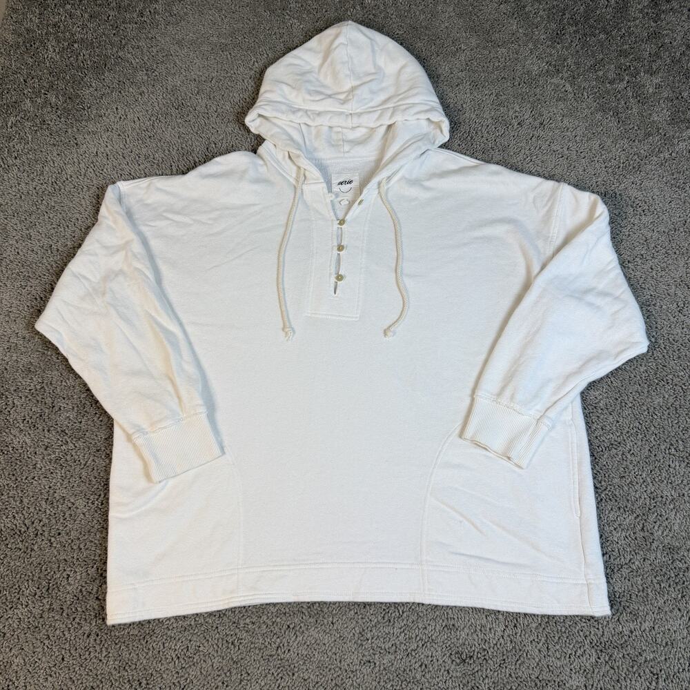 Aerie Hoodie Womens M White Pullover Henley Terry 100% Cotton Pockets Hooded